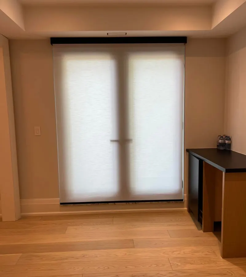 Light-filtering roller shades on French doors