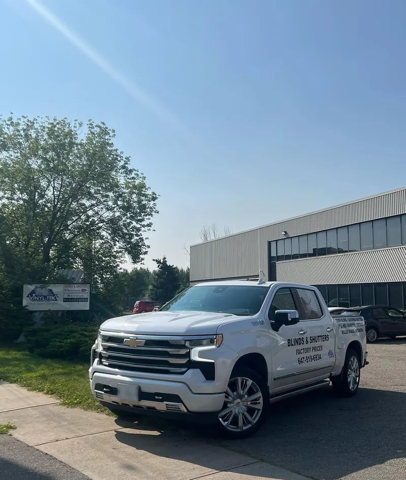 The Ontario Blinds and Shutters truck outside the Bramwin Court workshop