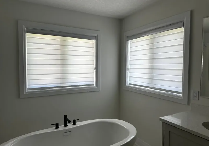 Zebra blinds on two bathroom windows over a tub