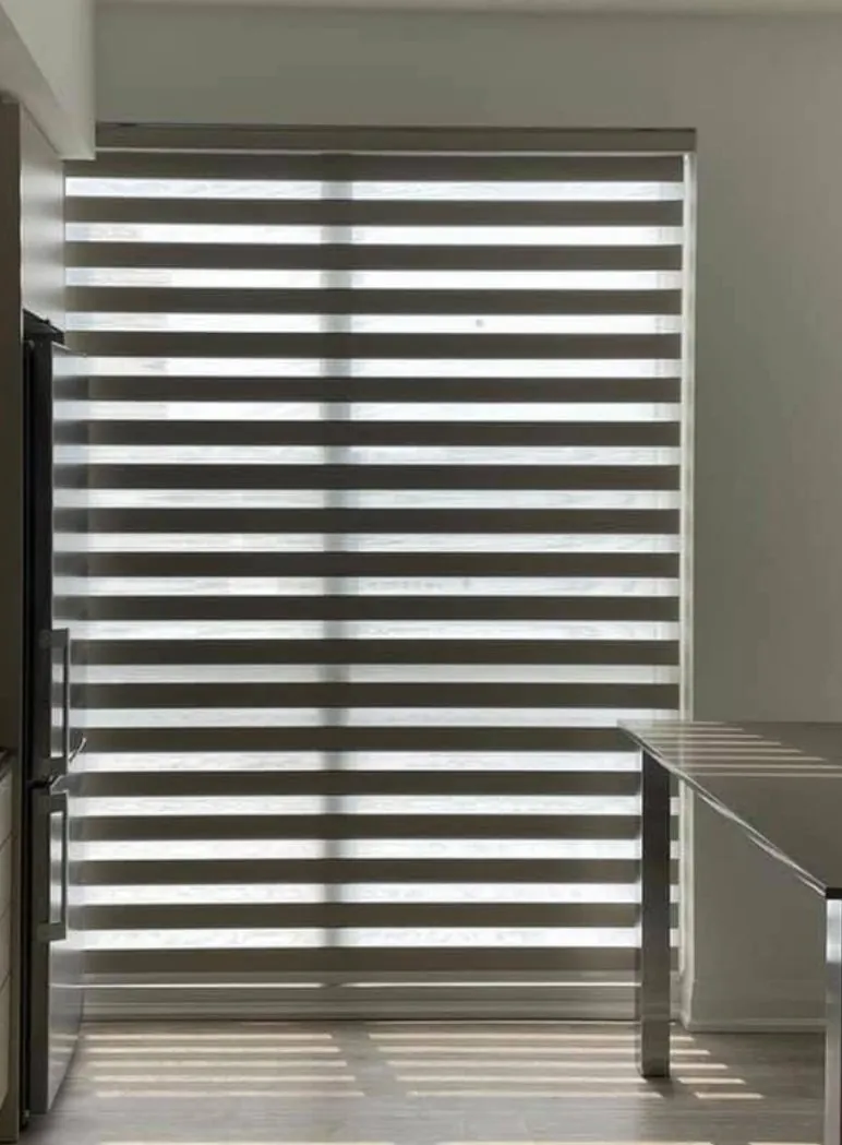 A tall dark zebra blind on a patio door